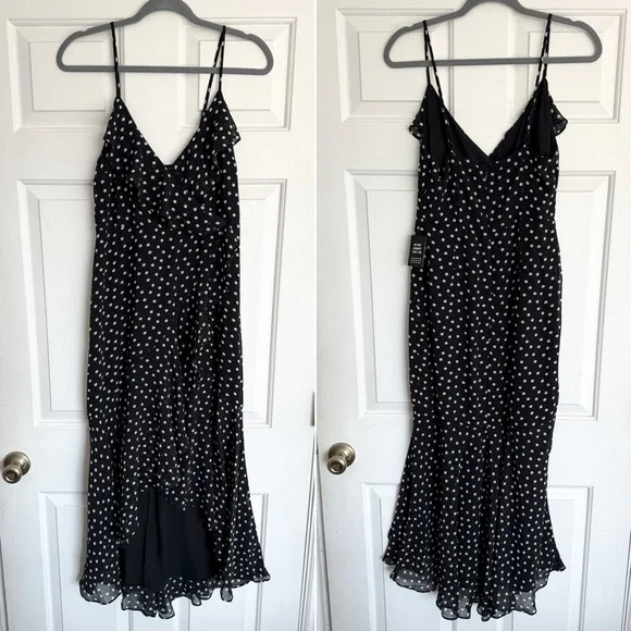 Express black & white polka dot midi dress with ruffle detail - Picture 1 of 7